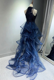 Dark Navy Halter Mermaid Sequins Long Formal Party Dresses Evening Gown, HZ0319