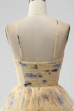Vintage Yellow Floral Design A-line Spaghetti Strap Tiered Homecoming Dress, HZ0319