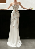 Elegant White Spaghetti Straps A-Line Flower Long Evening Party Dresses, HZ0319