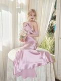 Elegant Pink Halter Neck Mermaid Satin Long Party Dress Bridesmaid Dress, HZ0319