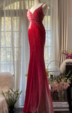 Retro Red V-neck Sparkling Beaded Mermaid Chiffon Evening Dress Prom Dress HZ0319