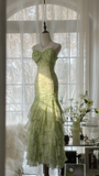Elegant Green Fairy Mermaid Long Chiffon Spaghetti Strap Evening Dress Prom Dresses HZ0319