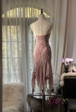 Retro Pink Sparkling Beaded Spaghetti Strap Romantic Chiffon Evening Dress Prom Dresses, HZ0319