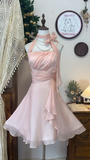Retro Pink Design Halter Dress A-line Chiffon Elegant Homecoming Dress Birthday Dress Party Dress HZ0319