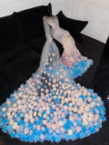 Gorgeous Sparkling Beaded Sequin Mermaid 3D Flowers Design Tulle Evening Dress Prom Dresses HZ0319