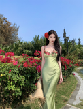 Vintage Green Floral Mermaid Spaghetti Strap Design Satin Prom Dress Evening Dress HZ0319