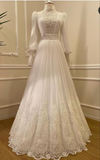 Elegant White A-Line Lace Long Sleeves Modest Wedding Dress Bridal Dress, HZ0319
