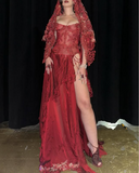 Sexy Burgundy Off Shoulder Sheath Split Long Party Dress Birthday Outfits, HZ0319