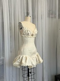 Vintage Beige Spaghetti Strap A-line Satin Lace-up Short Party Dresses Homecoming Dresses, HZ0319