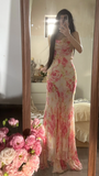 Retro Pink Floral Spaghetti Strap Design Elegant Chiffon Evening Dress Prom Dresses HZ0319