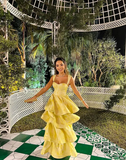 Pastel Yellow Ruffle Tiered A-Line Long Party Prom Dress HZ0319