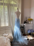 Retro Light Blue Applique Backless Design Romantic Chiffon Evening Dress Prom Dress HZ0319