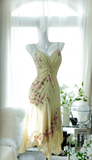 Vintage Light Green Spaghetti Strap Floral Design A-line Romantic Chiffon Evening Dress Prom Dress HZ0319