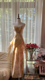 Retro Golden Strapless Floral Elegant Design A-line Beaded Romantic Chiffon Evening Dress Prom Dress HZ0319
