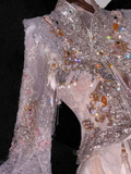 Gorgeous Sparkling Pink Beaded Sequin A-Line Romantic Chiffon Evening Dress Prom Dresses HZ0319
