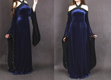 Vintage Dark Blue Halter Neck A-Line Velvet Long Formal Prom Dress Evening Dress, HZ0319