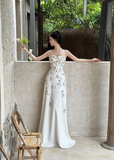 Elegant White Spaghetti Straps A-Line Flower Long Evening Party Dresses, HZ0319