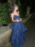 Navy Blue Spaghetti Straps A-Line Long Prom Dresses Evening Party Dresses, HZ0319