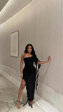 Sexy Black One Shoulder Sheath Ruffles Long Evening Party Dresses, HZ0319