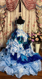 Blue Straps A-Line Floral Printed Retro Long Evening Dress Birthday Ball Gown, HZ0319