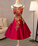 Vintage Red Floral Embroidery Design A-line Lace-up Satin Party Dress Homecoming Dress HZ0319