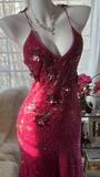 Vintage Shiny Sequin Rose Red Backless Design A-line Romantic Chiffon Evening Dress Prom Dress HZ0319