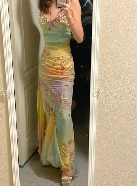 Colorful Straps Appliques Tulle Mermaid Long Party Dress Retro Evening Dress, HZ0319
