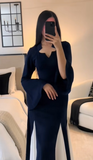 Modest Navy Blue Long Sleeves A-Line Chiffon Long Formal Party Dress, HZ0319