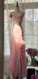Vintage Pink Floral A-line Spaghetti Strap Irregular Hem Evening Dress Prom Dresses, HZ0319