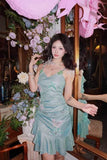 Fashion Mint Green Sparkling Sequin Spaghetti Strap Ruffled Hem Short 16th Birthday Party Dress Homecoming Dress HZ0319