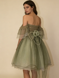 Green Off Shoulder A-Line Floral Short Party Dress Cute Mini Birthday Dress, HZ0319