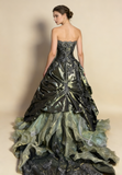 Green Strapless A-Line Satin Lace Long Evening Dress Birthday Ball Gown, HZ0319
