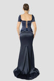 Vintage Dark Blue Mermaid Design Valentine Couture Satin Short-sleeved Prom Dress Evening Dress HZ0319