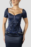 Vintage Dark Blue Mermaid Design Valentine Couture Satin Short-sleeved Prom Dress Evening Dress HZ0319