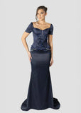 Vintage Dark Blue Mermaid Design Valentine Couture Satin Short-sleeved Prom Dress Evening Dress HZ0319