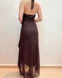 Vintage Brown Halter Neck Sheath Chiffon Long Evening Party Dresses, HZ0319