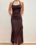 Vintage Brown Halter Neck Sheath Chiffon Long Evening Party Dresses, HZ0319