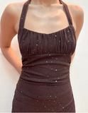 Vintage Brown Halter Neck Sheath Chiffon Long Evening Party Dresses, HZ0319