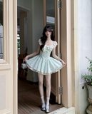 Pretty Lace Square Neckline Floral Fold Tiered Short Prom Dress Birthday Party Dress with Bowknot HZ0319