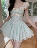 Pretty Lace Square Neckline Floral Fold Tiered Short Prom Dress Birthday Party Dress with Bowknot HZ0319