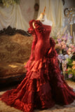 Vintage One - Shoulder 3D Floral Sheath Tiered Train Evening Dress Wedding Dress HZ0319