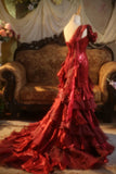 Vintage One - Shoulder 3D Floral Sheath Tiered Train Evening Dress Wedding Dress HZ0319