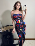 Sexy Strapless Priting Tassel Halter Long Skirt Party Dress Summer Dress Women Dress HZ0319