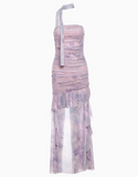 Sexy Halter Print Irregular Ruffles Pleated Slim waist Hi-Lo Dress Summer Dress Party Dating Dress Women Dress HZ0319