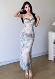 Elegant Spaghetti Strap Lace Neck Sheath Floral Print Vacation Vibes Long Dress Summer Dress Women Dress HZ0319