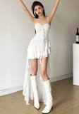 Minimalist Hi-Lo Spaghetti Straps Pleated Asymmetric Ruffle Hem Casual Chic Dress Dating Dress Summer Dress HZ0319