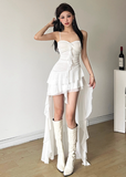 Minimalist Hi-Lo Spaghetti Straps Pleated Asymmetric Ruffle Hem Casual Chic Dress Dating Dress Summer Dress HZ0319