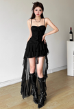 Minimalist Hi-Lo Spaghetti Straps Pleated Asymmetric Ruffle Hem Casual Chic Dress Dating Dress Summer Dress HZ0319