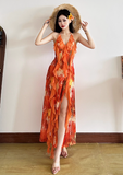 Summer Seaside Halter Printing Ruffle Long Dress Women Dress Dating Casual Chic Dress HZ0319