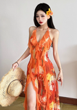 Summer Seaside Halter Printing Ruffle Long Dress Women Dress Dating Casual Chic Dress HZ0319